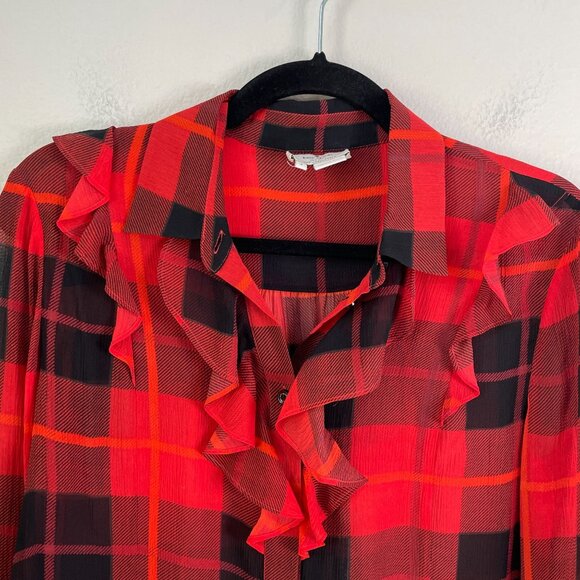 Kate Spade Womens 4 Ruffle Woodland Red Black Plaid Chiffon Blouse 100% Silk Top - Picture 11 of 12